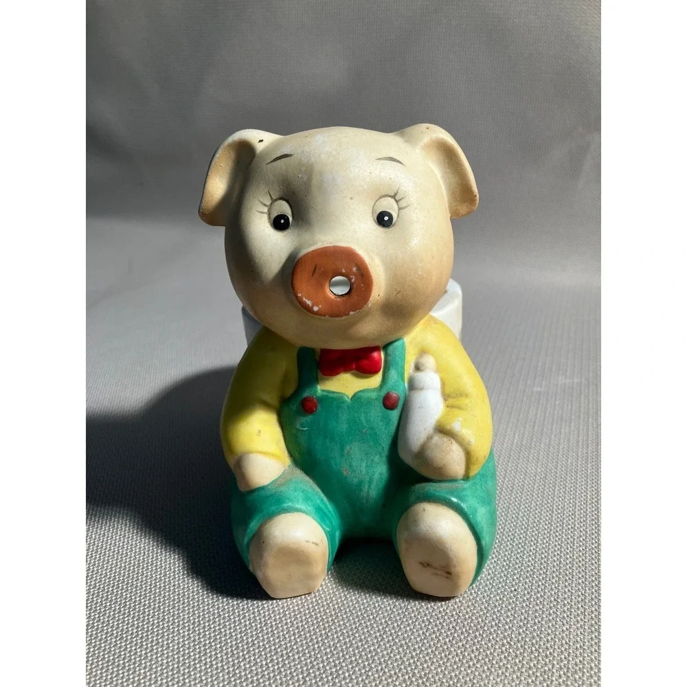 Pig Wearing Overalls Planter Yellow Green Heart Baby Bottle Matte No Chips
